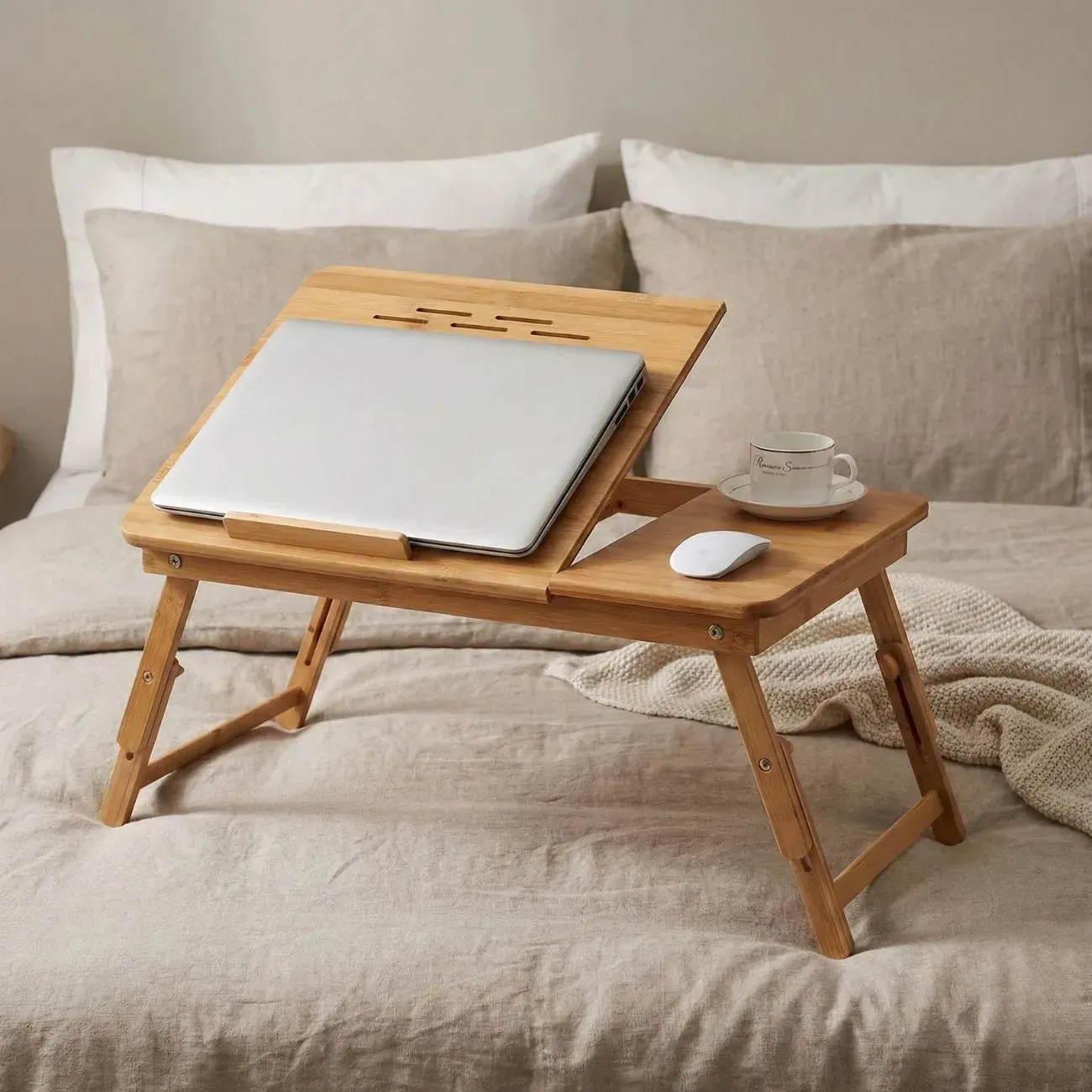 On the bed, ready to work