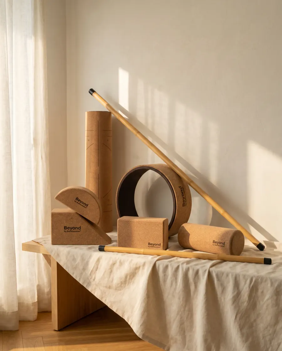 Beyond by Bamboostan — cork recovery range on a linen-draped bench