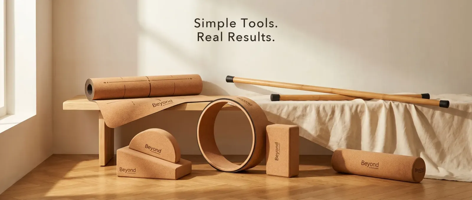 Beyond by Bamboostan — cork recovery mat, wheel, blocks, roller and mobility sticks in a sunlit room