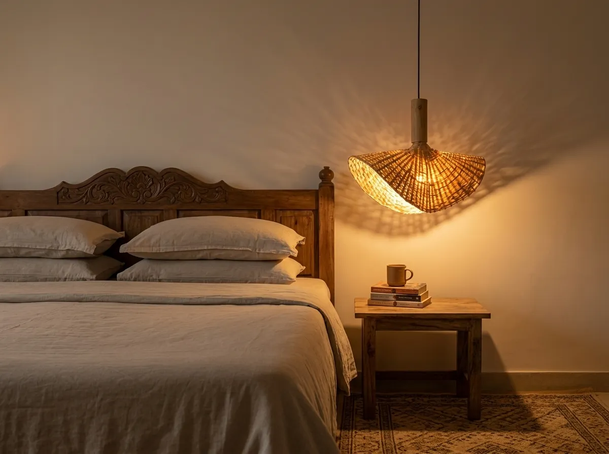 Beside the bed, instead of a lamp